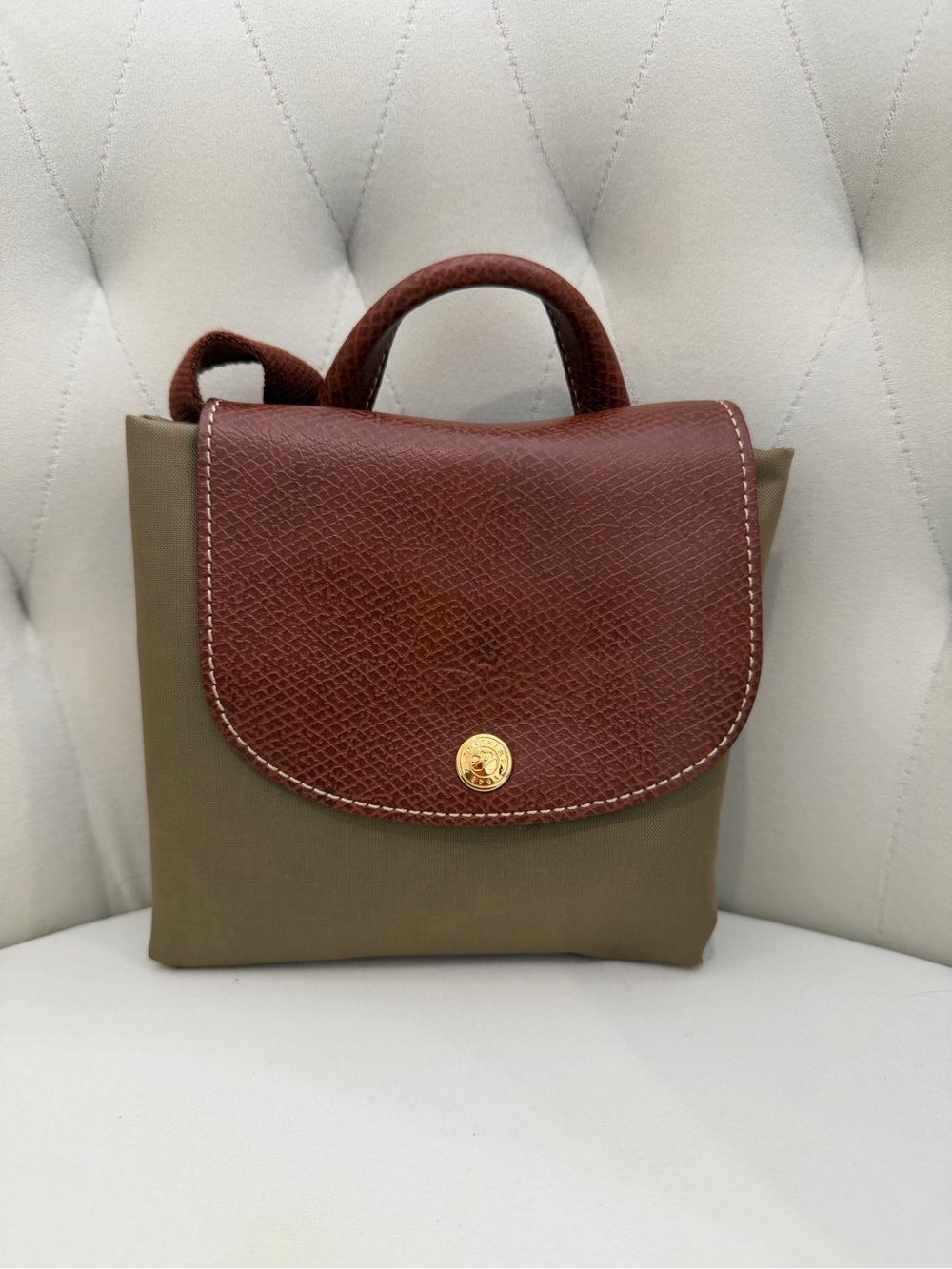 Longchamp Olive/Brown Original Backpack with Gold Snap L1699089P49 - Picture 2 of 10